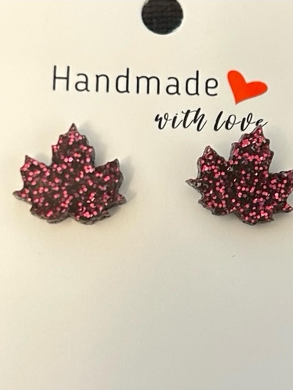 Handmade Pink Glitter Maple Leaf Stud Earrings